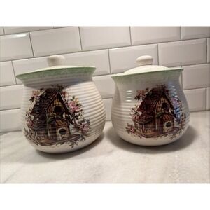 Set Of 2 Green Speckled Canisters- Textured-Birdhouse W/Florals- Beautiful OLA